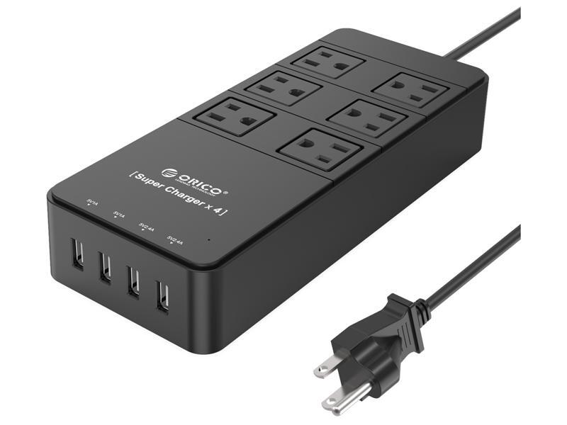 ORICO 6 Outlet Power Strip w/ Surge Protector, Built-in 5 Ft. Cord, 4 USB Intelligence Charging Ports - Black