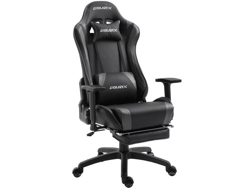 Dowinx Gaming Chair, Ergonomic, Recliner w/ Massage Lumbar, PU Leather, Retractable Footrest, Black/Grey