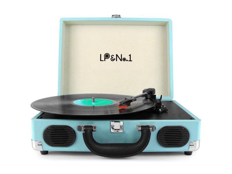 LP&No.1 Portable Suitcase Turntable / 3 Speeds Belt-Drive Vinyl Record Player w/ Stereo Speaker (Blue)