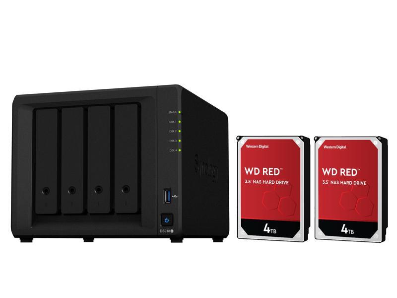 Synology 4 Bay NAS DiskStation DS918+ (Diskless) + 2 x WD Red 4TB NAS HDD 5400 RPM Class SATA 6Gb/s 64MB Cache 3.5"