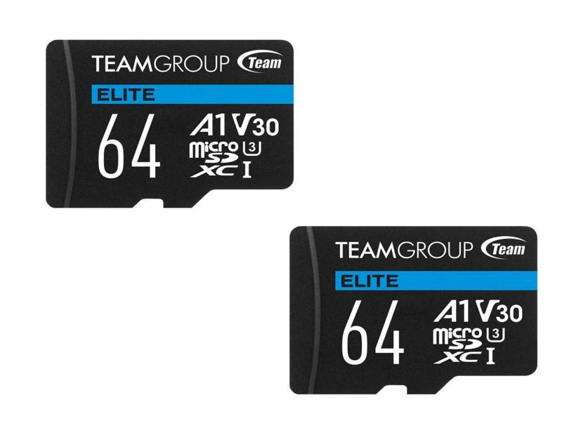 2 x Team 64GB Elite microSDXC UHS-I U3, V30, A1, 4K UHD Memory Card with SD Adapter, Speed Up to 90MB/s (TEAUSDX64GIV30A103)