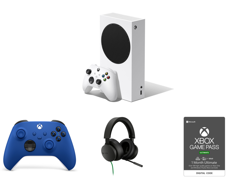 Microsoft Xbox Series S + Xbox Wireless Shock Blue Controller +Xbox Stereo Headset + 1 Month Xbox Game Pass Ultimate, Code