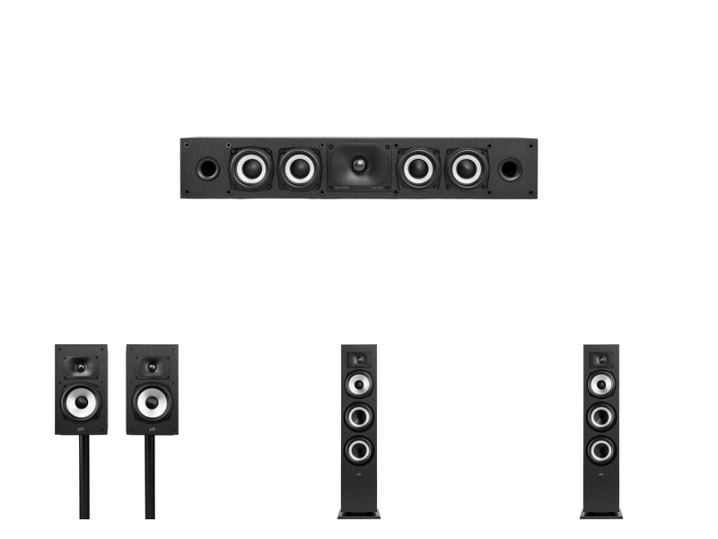 Polk Audio Home Theater: XT35 Center Channel Speaker + XT20 Bookshelf Speaker (Pair) + (2x) XT60 Standing Tower Speaker