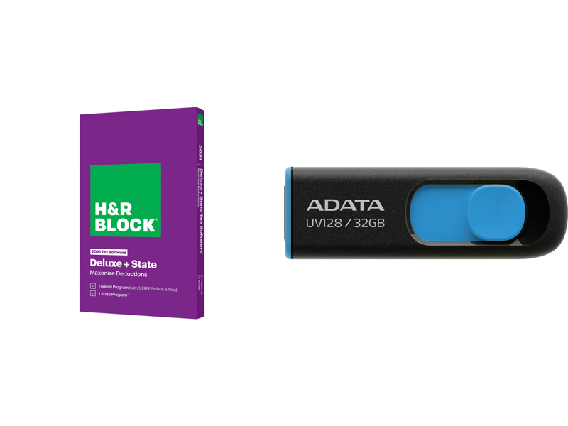 HR Block Tax Software Deluxe + State 2021 (Bundle) - Key Card and ADATA 32GB UV128 USB 3.2 Gen 1 Flash Drive