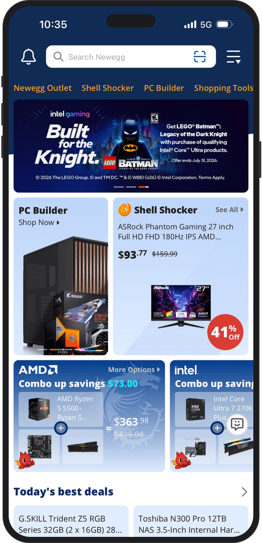 Newegg app home screen on iPhone