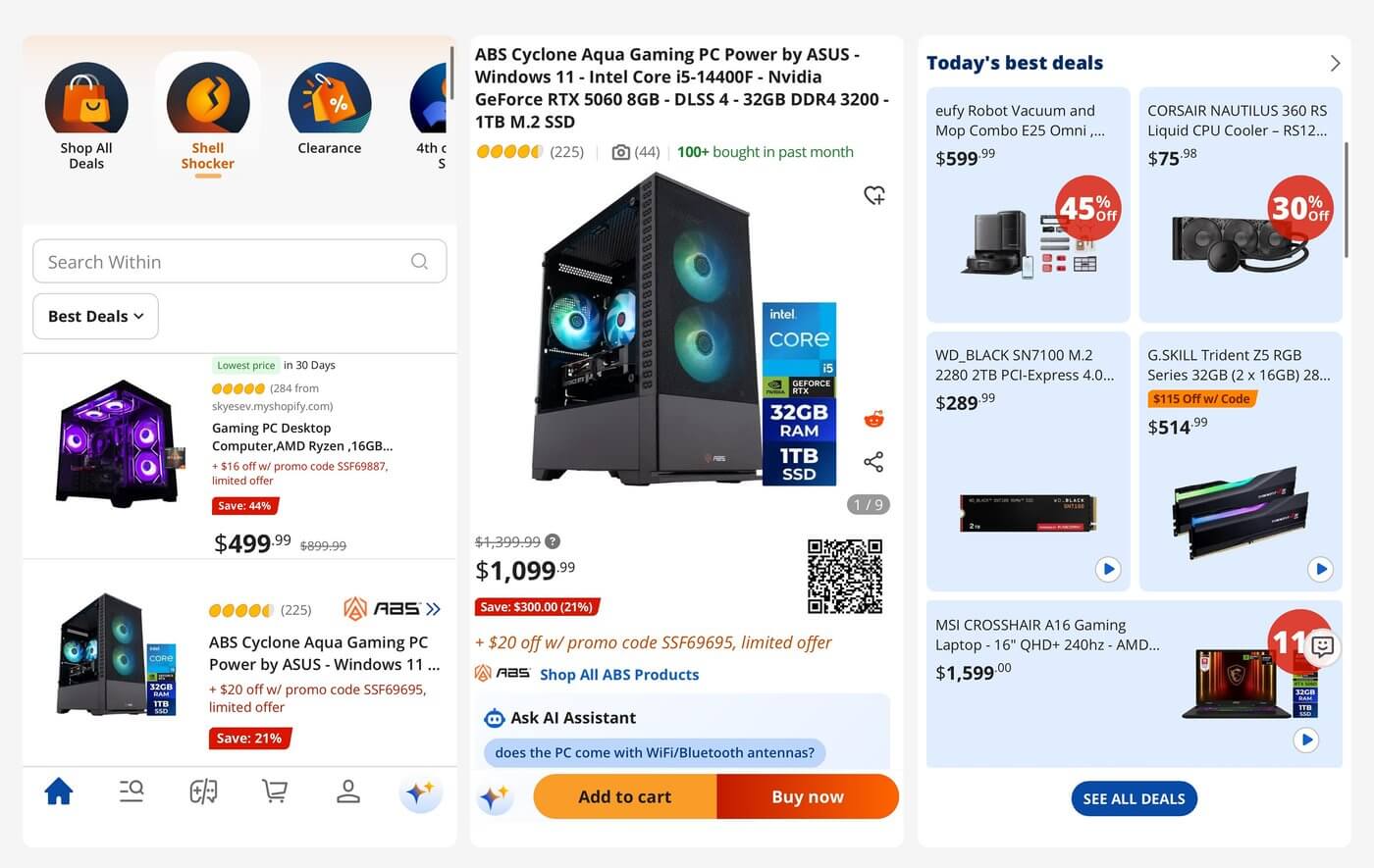 Today's deals, Shell Shockers, and product pages in the Newegg app