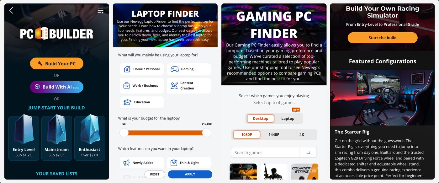 Newegg shopping tools: PC Builder, Gaming PC Finder, Laptop Finder, and Racing Simulator Builder