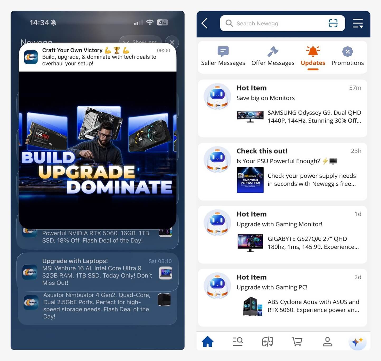 Price and stock alerts and push notifications in the Newegg app
