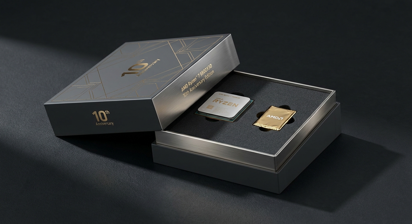 AMD Ryzen 7 5800X3D 10th Anniversary Edition retail box and CPU package