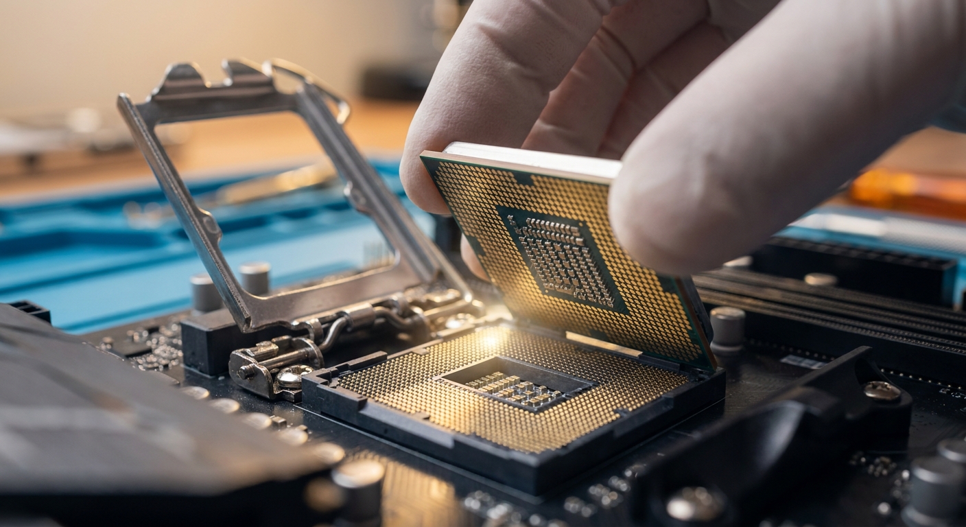 A desktop processor being lowered into an open AM5 socket on a motherboard