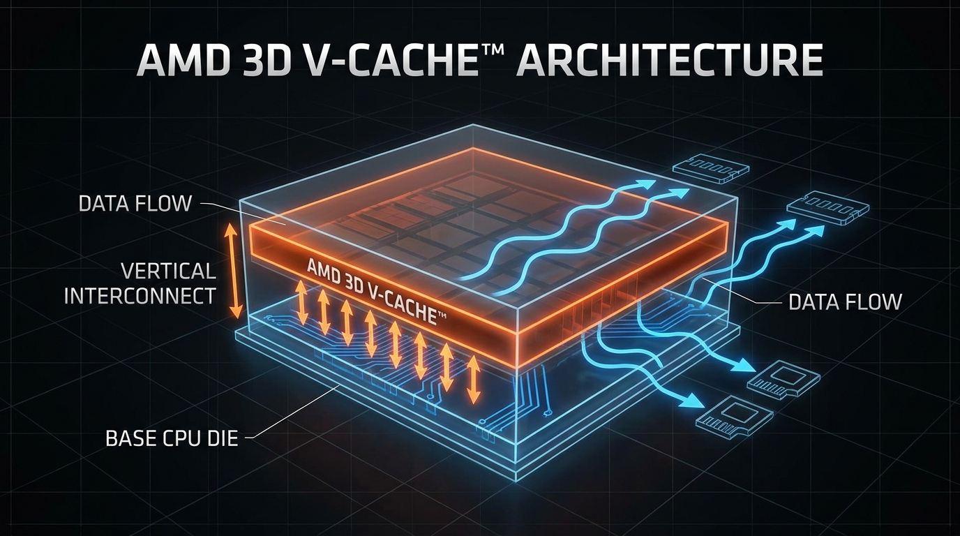 Illustration of AMD 3D V-Cache stacked memory technology
