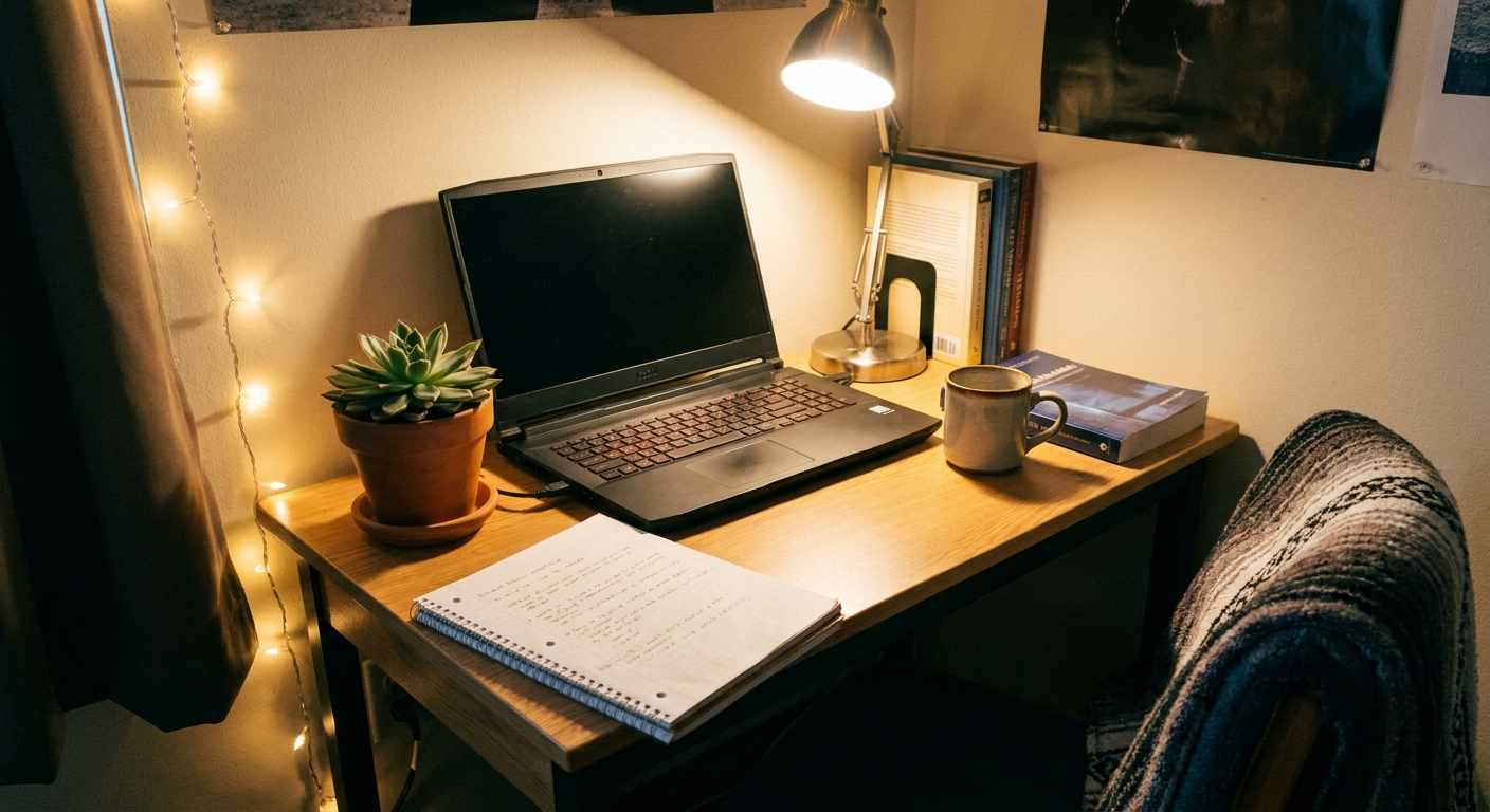 A student dorm study corner with a gaming laptop