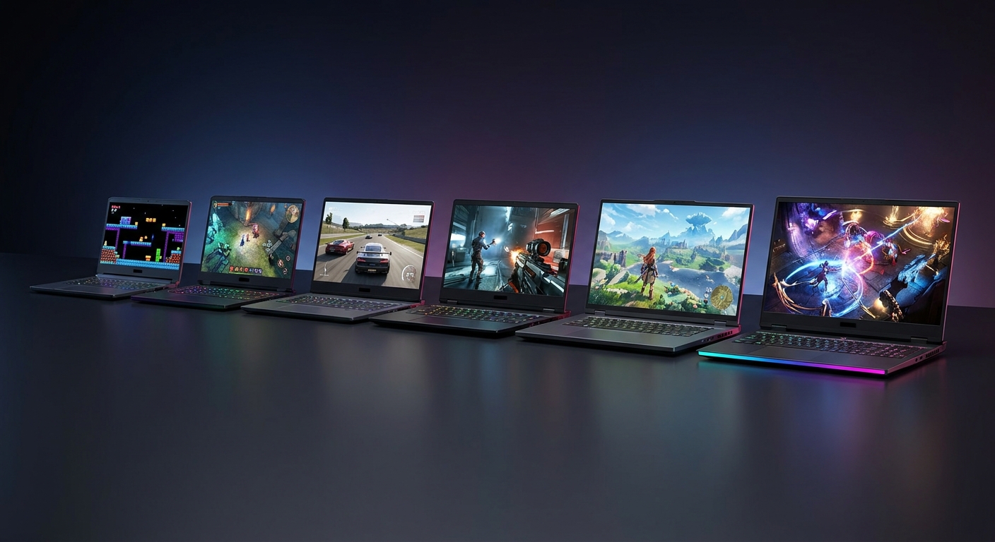 Six beginner gaming laptops displayed in a lineup from entry RTX 5050 to step-up RTX 5070 models