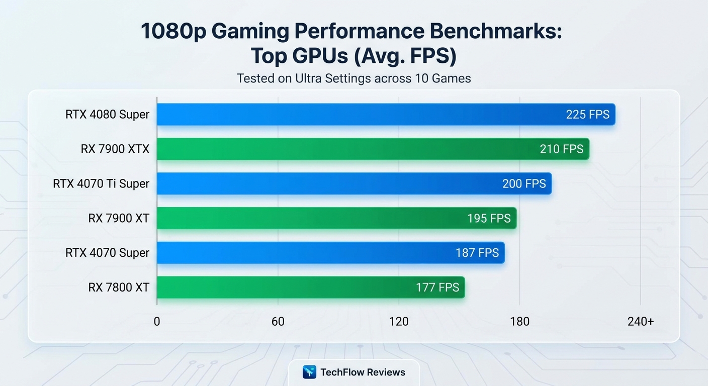 1080p gaming benchmark chart comparing top GPUs in 2026