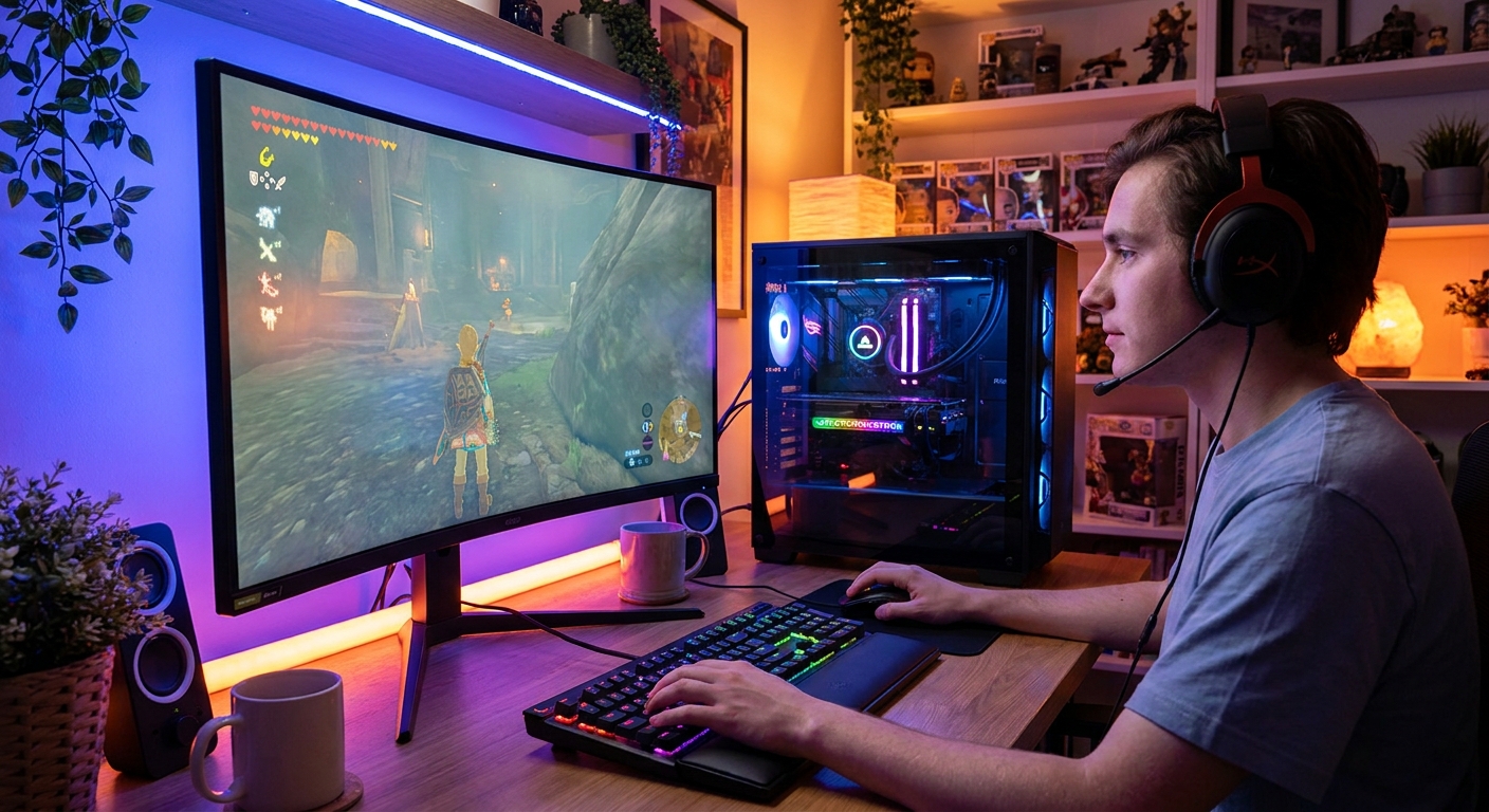 Gamer sitting at a PC with dual monitors showing gameplay, backlit keyboard glow