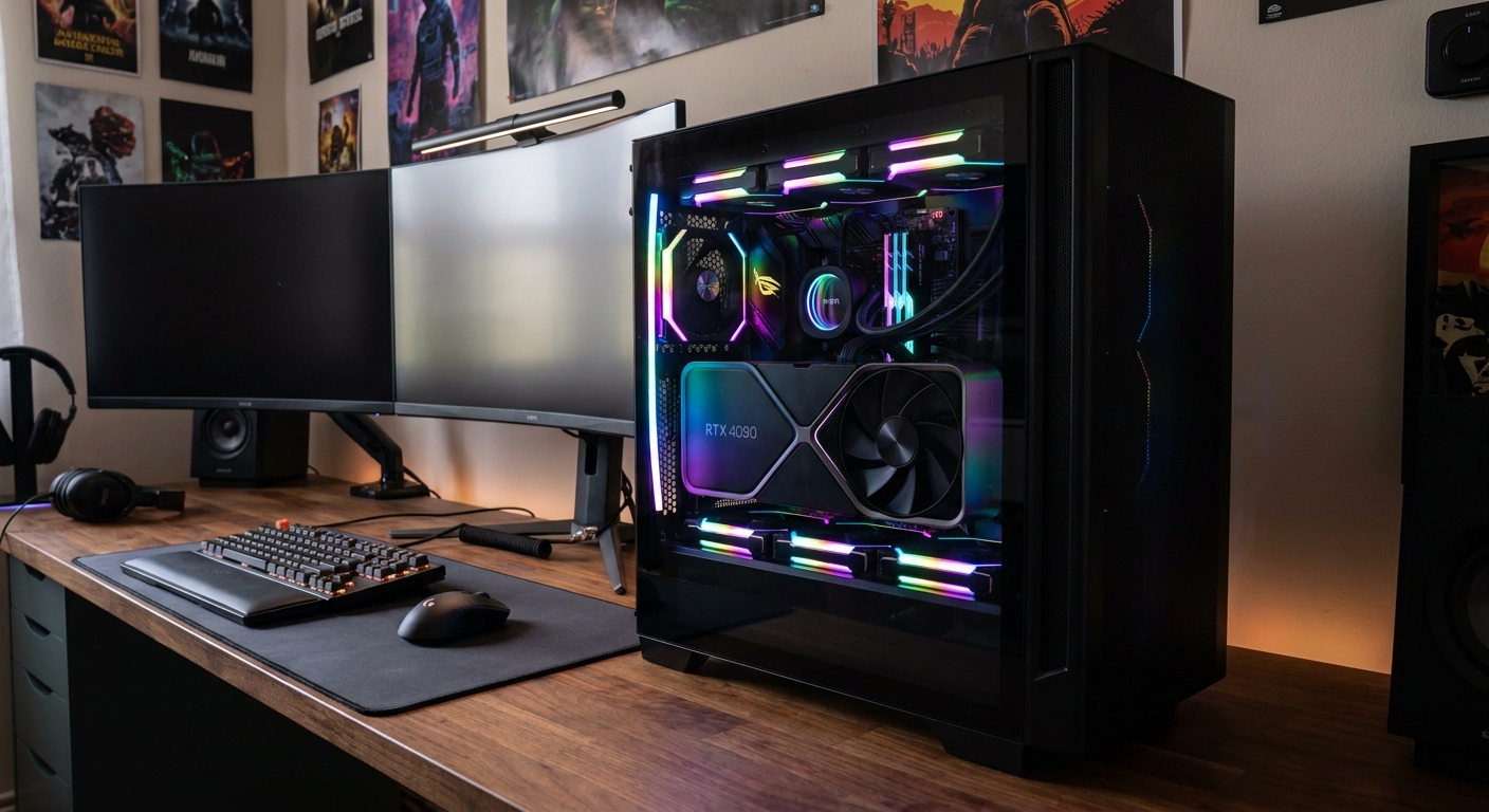 Gaming PC setup with high-end GPU installed