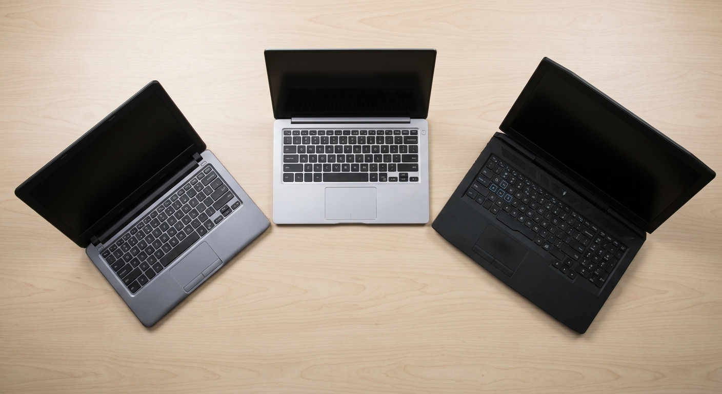 Three laptops of different sizes fanned out on a wooden table