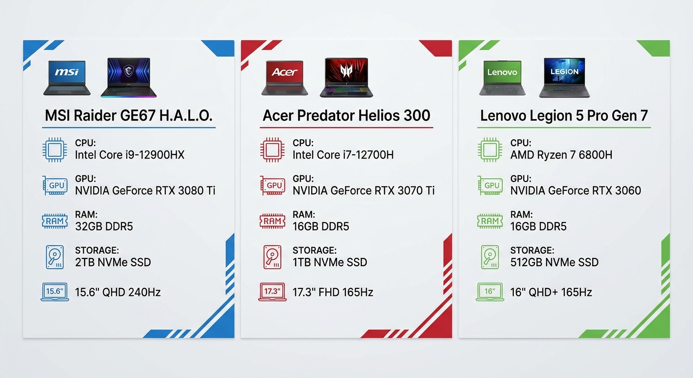 Side-by-side spec comparison chart of MSI Crosshair A16 HX, Acer Nitro V15, and Lenovo Legion 5i for 2026