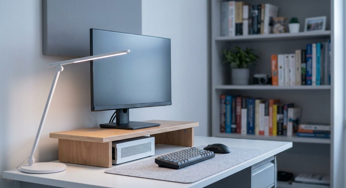 A tidy small-space workstation with a small form factor PC tucked under a monitor stand