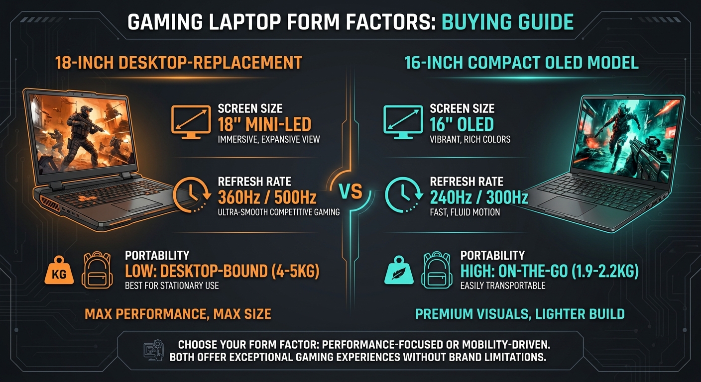 Comparison of 18-inch desktop-replacement gaming laptop versus compact 16-inch OLED gaming laptop form factors