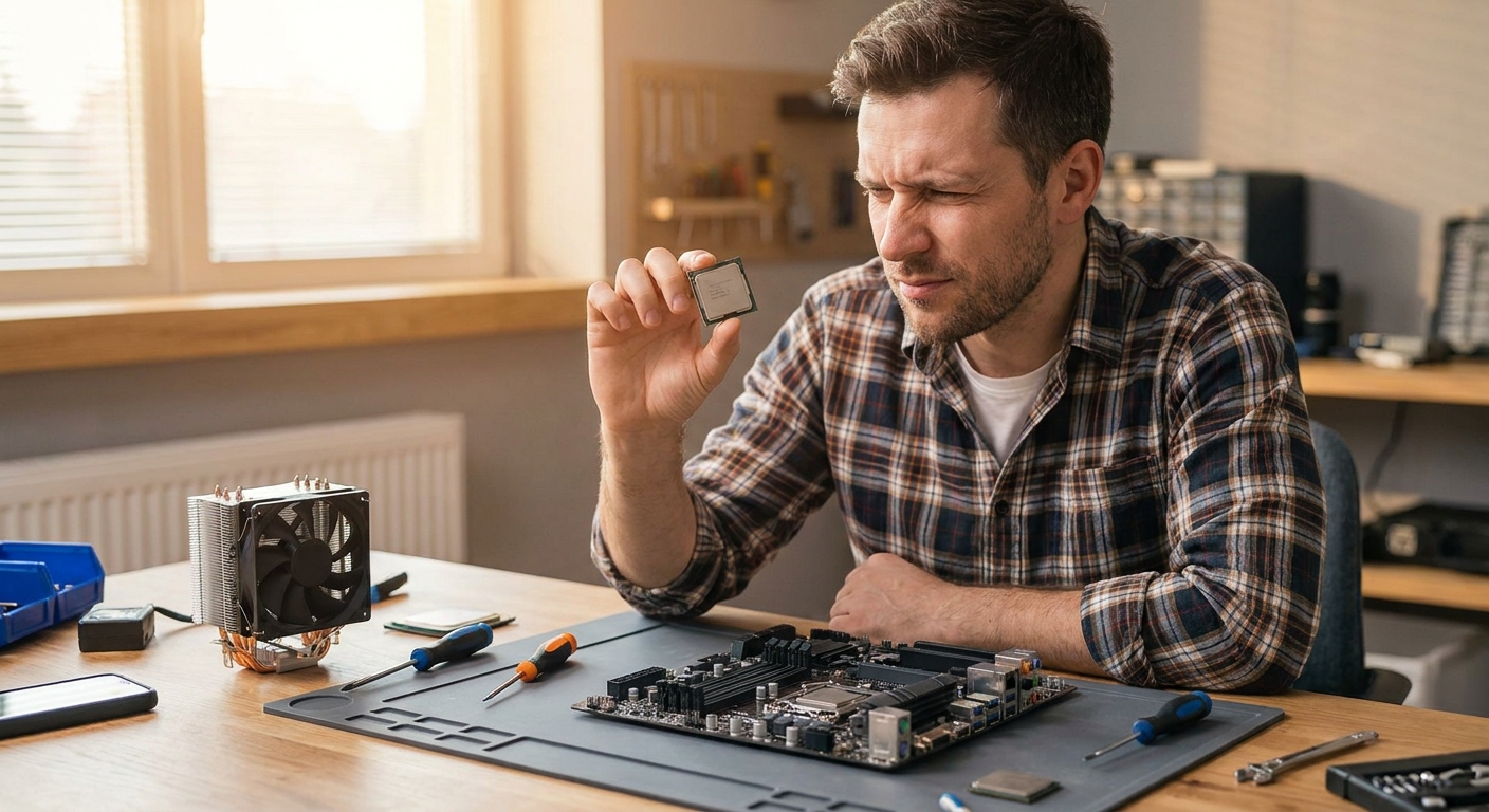PC builder holding a CPU while deciding on an upgrade at a workbench