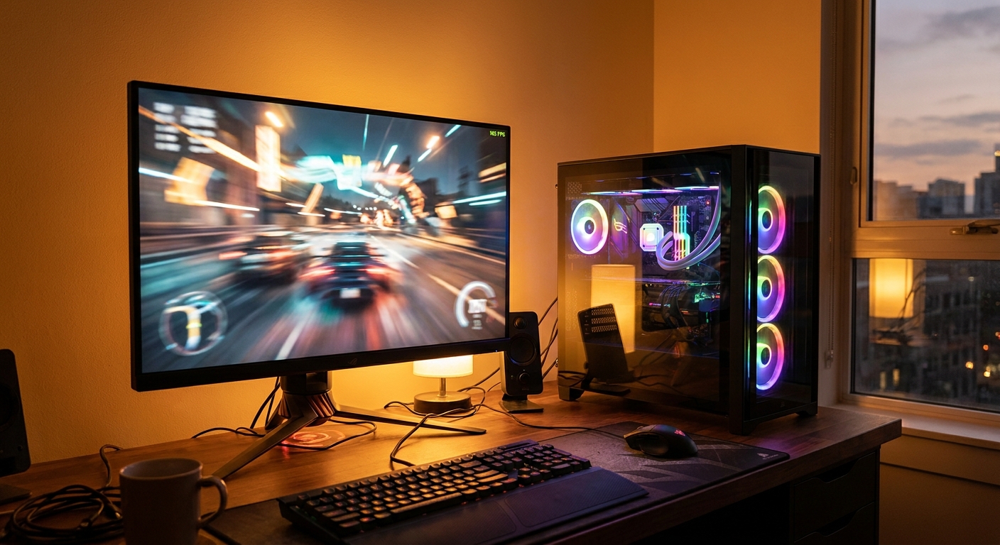 High frame rate PC gaming setup with performance overlay