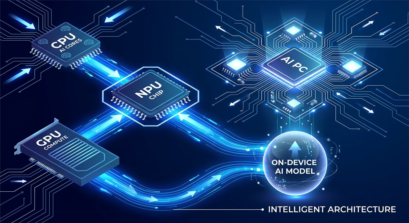 AI PC key components diagram -- NPU, CPU AI cores, GPU compute, on-device model