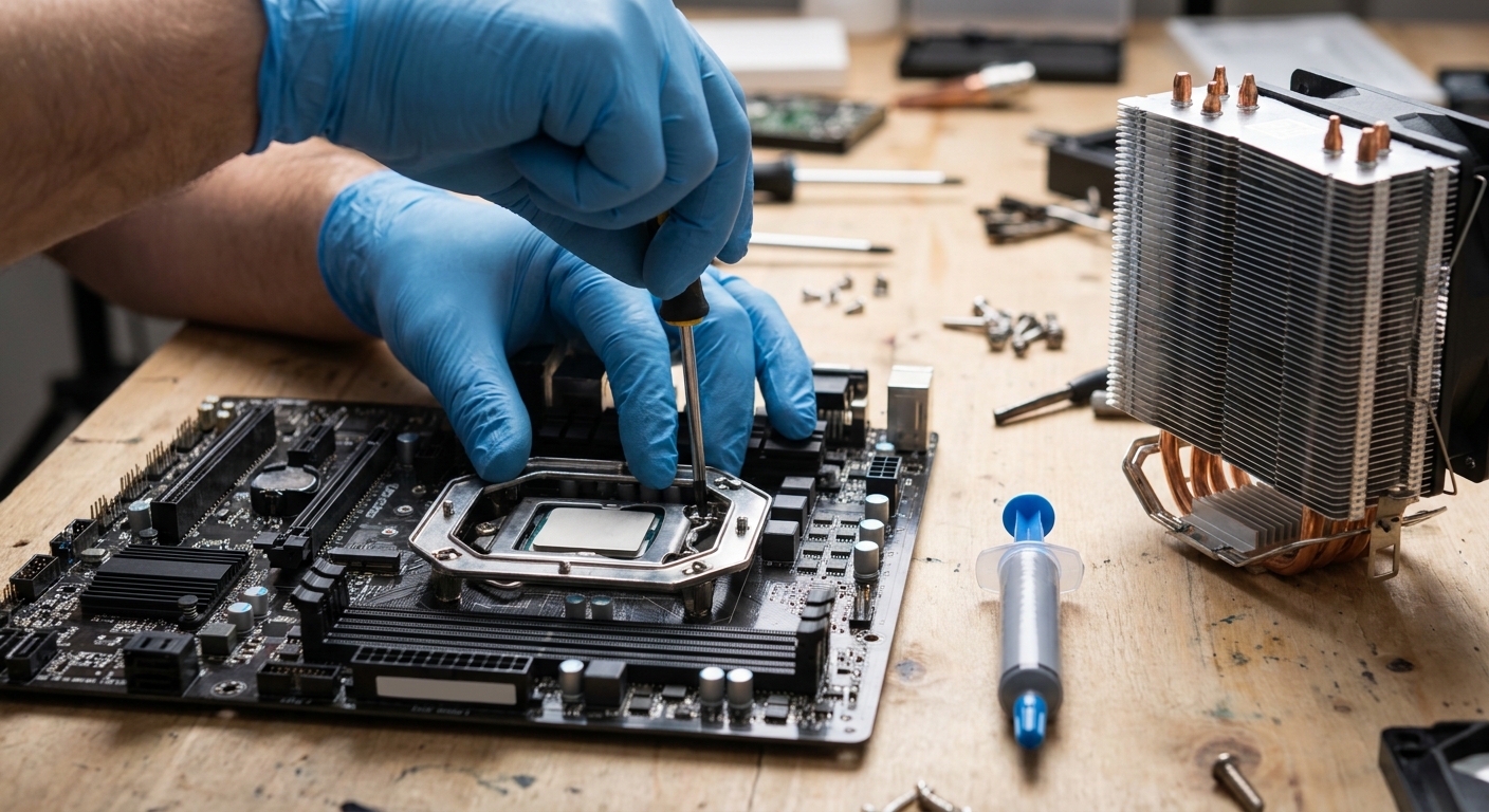 Hands securing a cooler mounting bracket onto the socket area of a motherboard