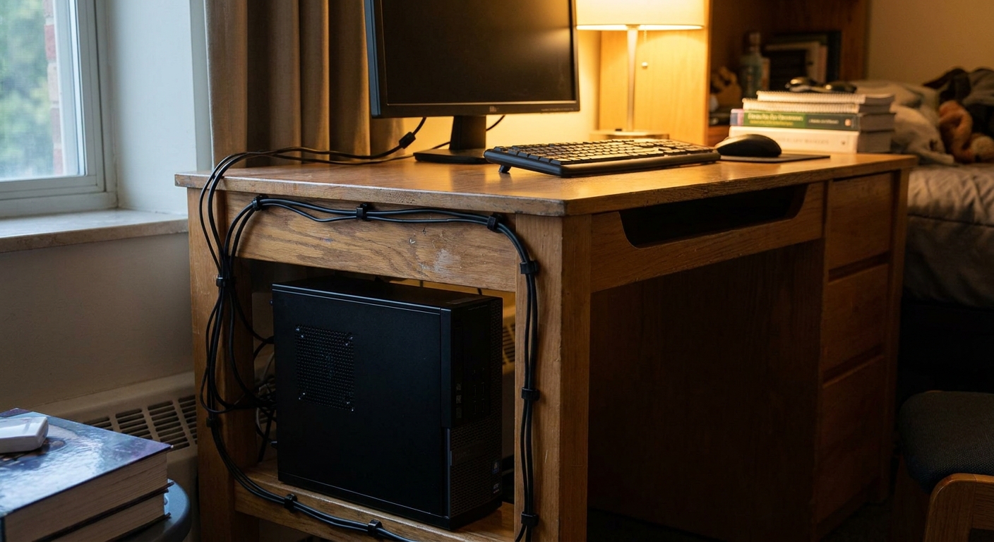 A compact budget desktop under a dorm desk with a monitor