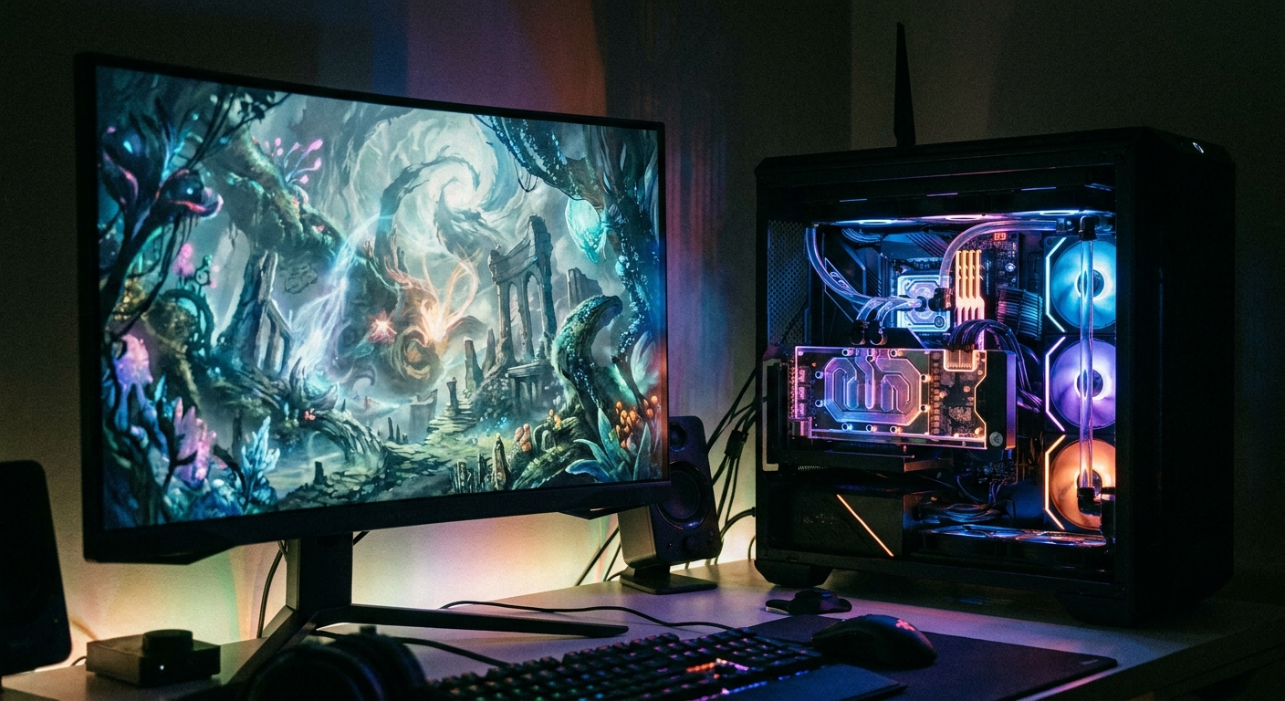 A gaming monitor showing a detailed environment beside an open PC case with a glowing graphics card