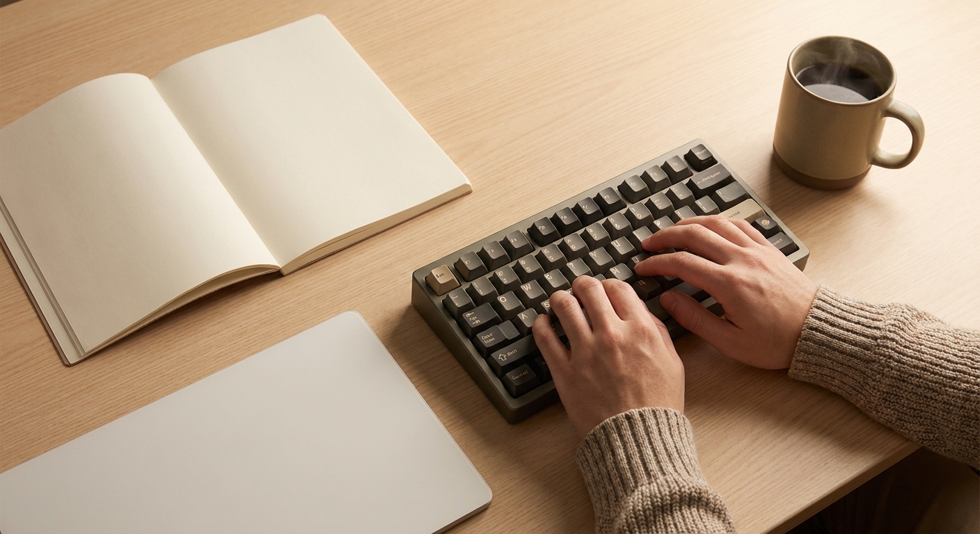 Close-up of hands typing on a mechanical keyboard