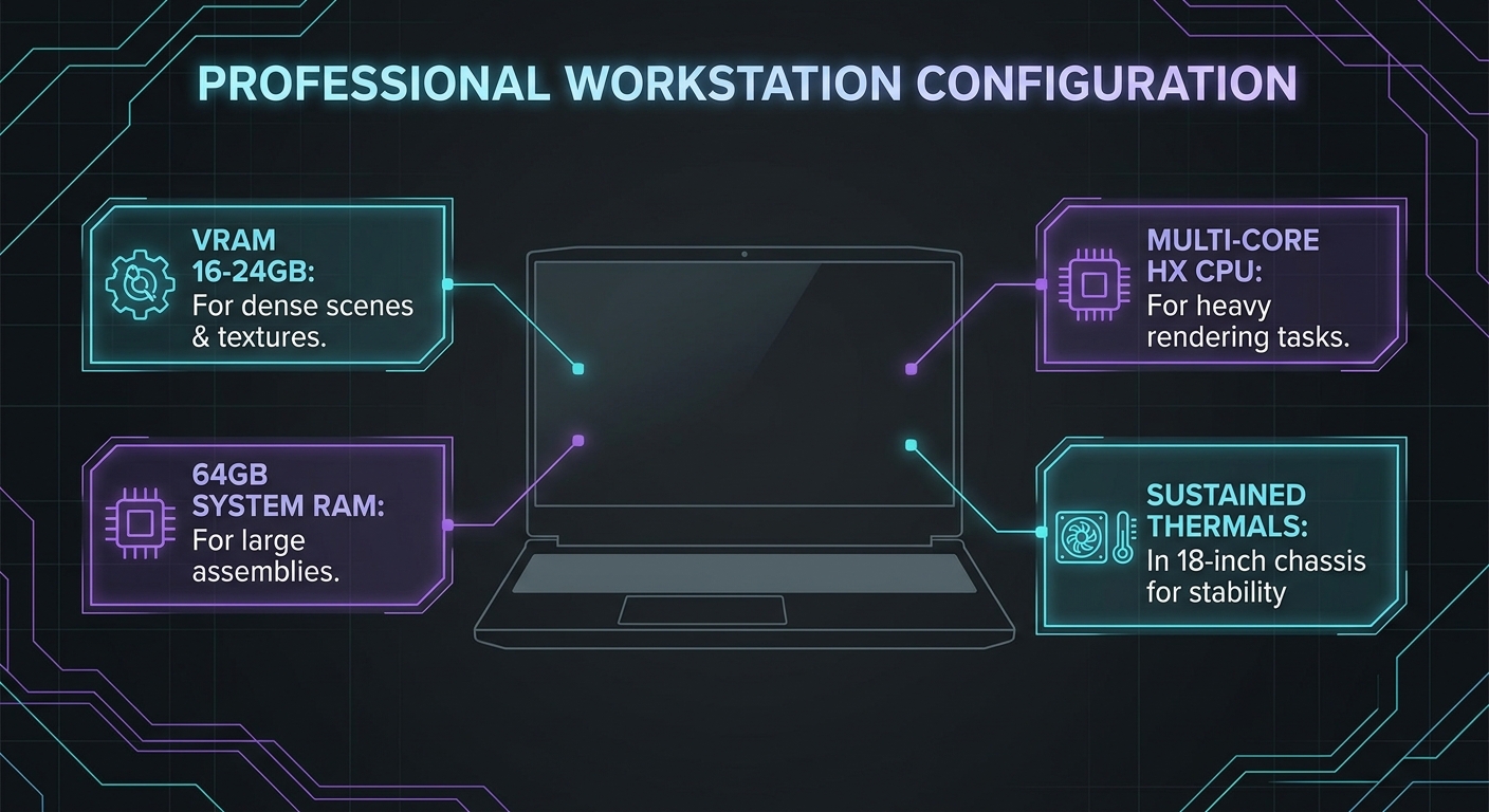 Infographic highlighting VRAM, 64GB RAM, CPU cores, and sustained thermals for 3D and CAD laptops