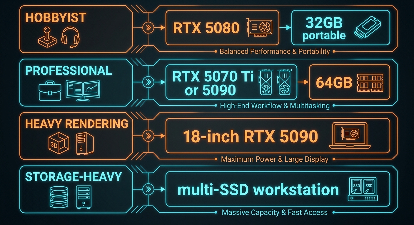 Tier guide showing RTX 5080, RTX 5070 Ti, and RTX 5090 laptop configurations for 3D artists and CAD engineers