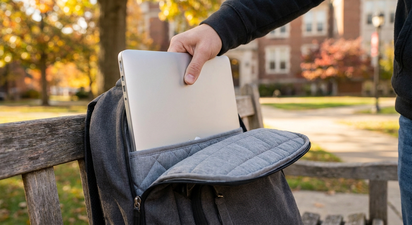 A slim laptop being slid into the padded sleeve of a backpack on a campus bench