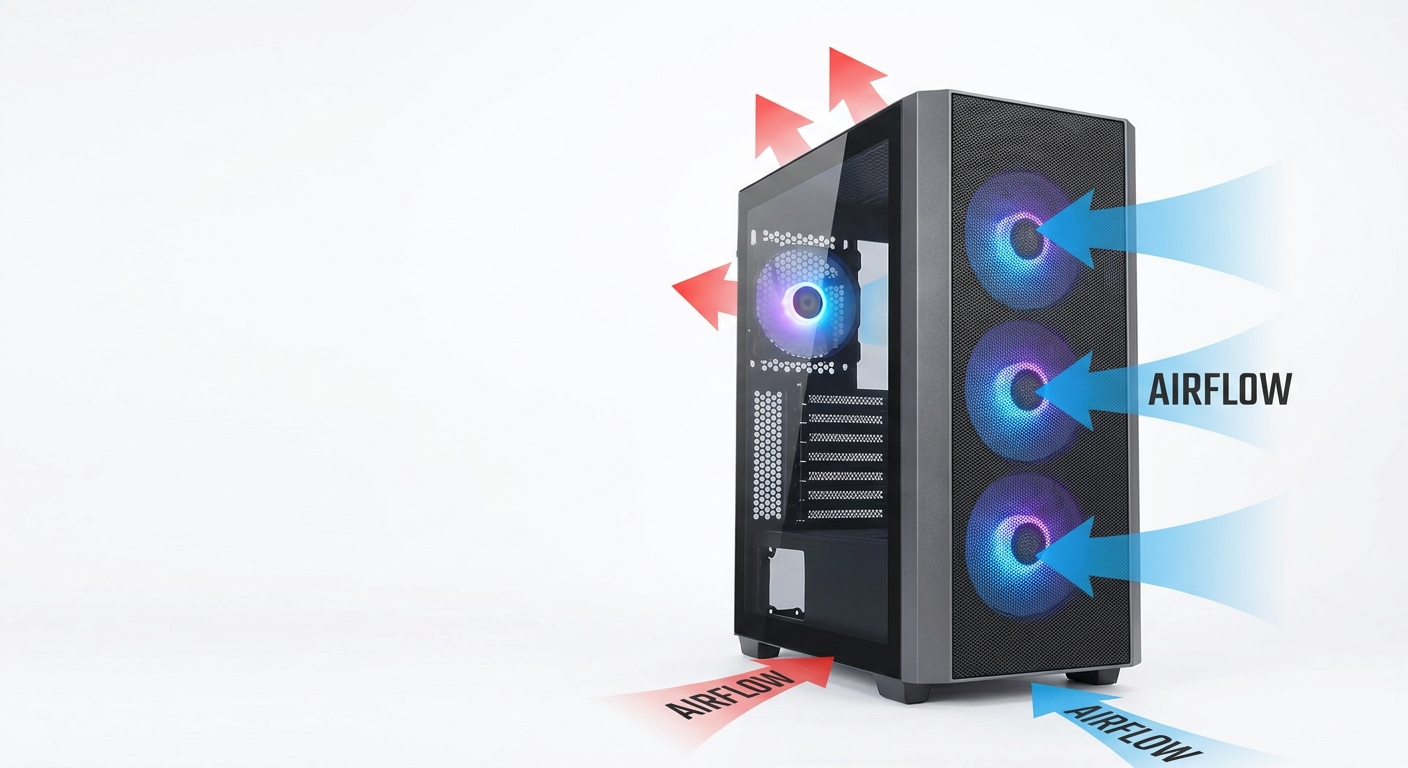 High-airflow PC case with mesh front panel and multiple fans