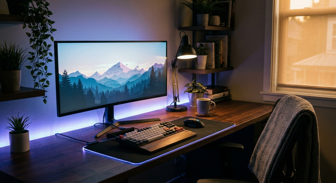 Dual monitor gaming setup with keyboard and mouse on a desk