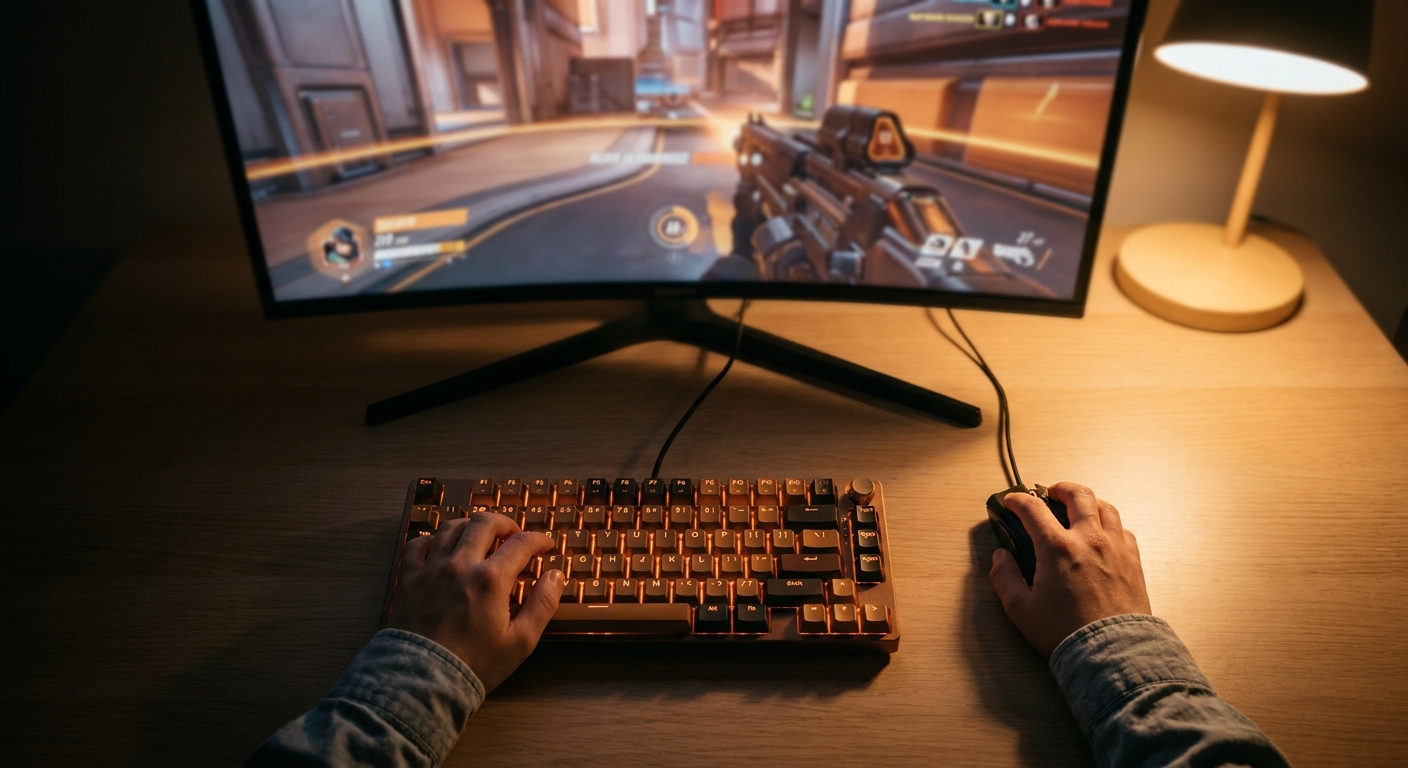 Gamer playing on a 1440p monitor with responsive display showing fast-moving FPS gameplay