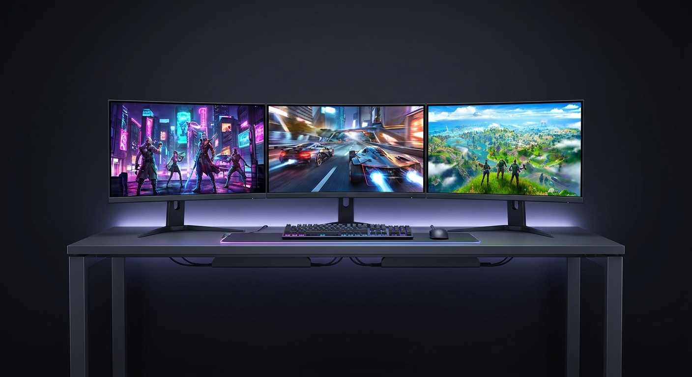 Multiple 27-inch gaming monitors displayed on a modern desk setup with colorful RGB lighting