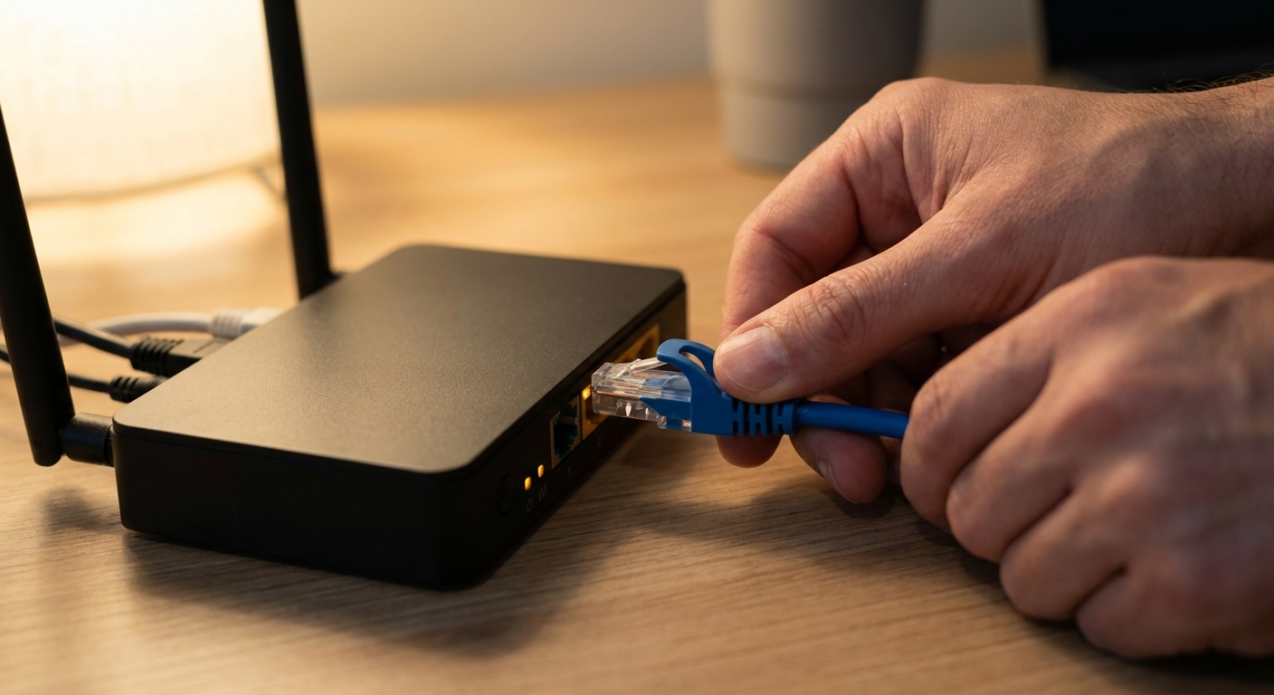 Hands connecting an ethernet cable to a router