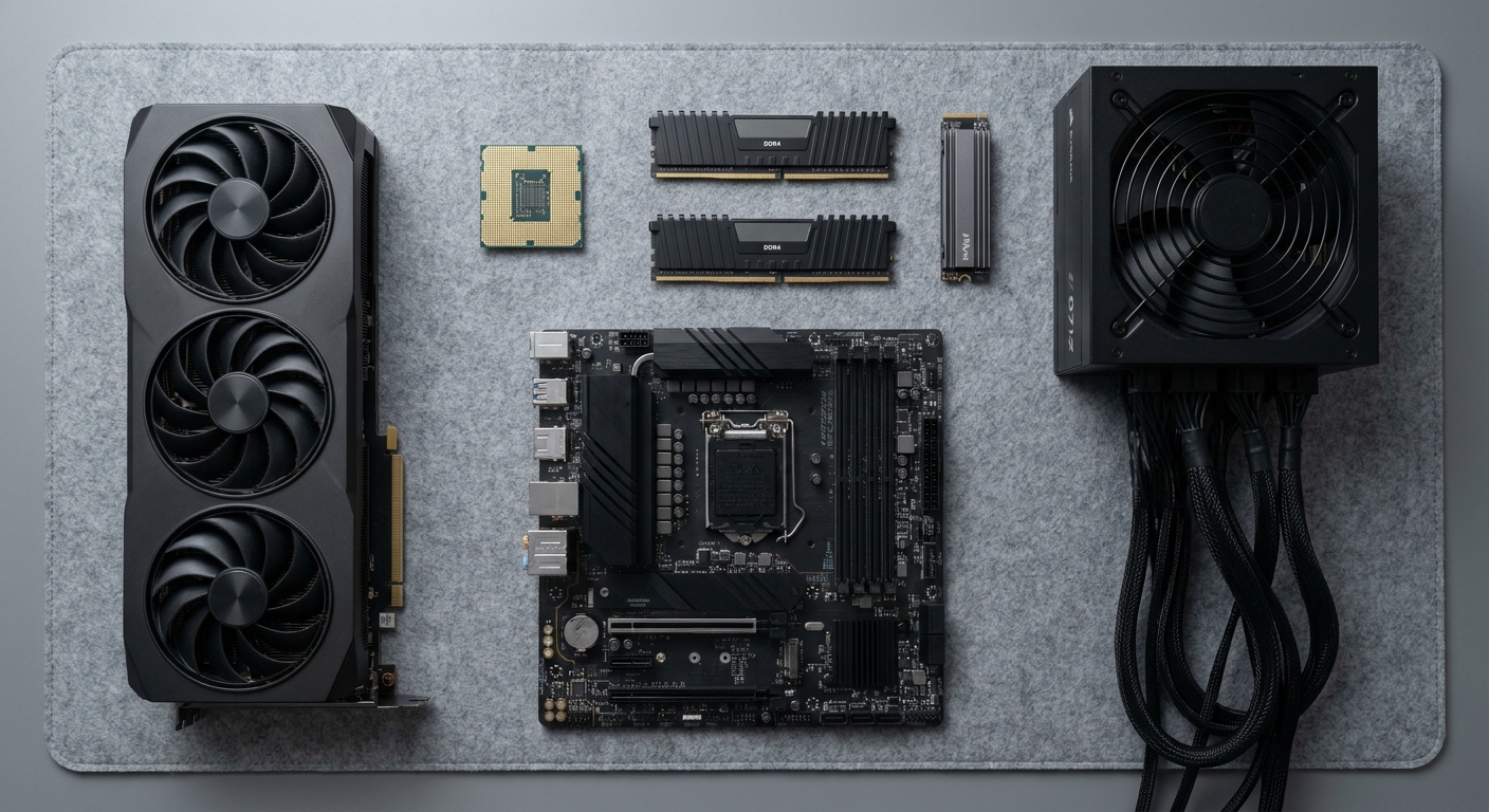 Workstation components laid out on a desk including a graphics card, CPU, memory and SSD