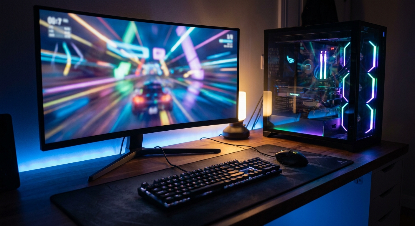 A gaming PC and widescreen monitor showing a fast-paced game at night