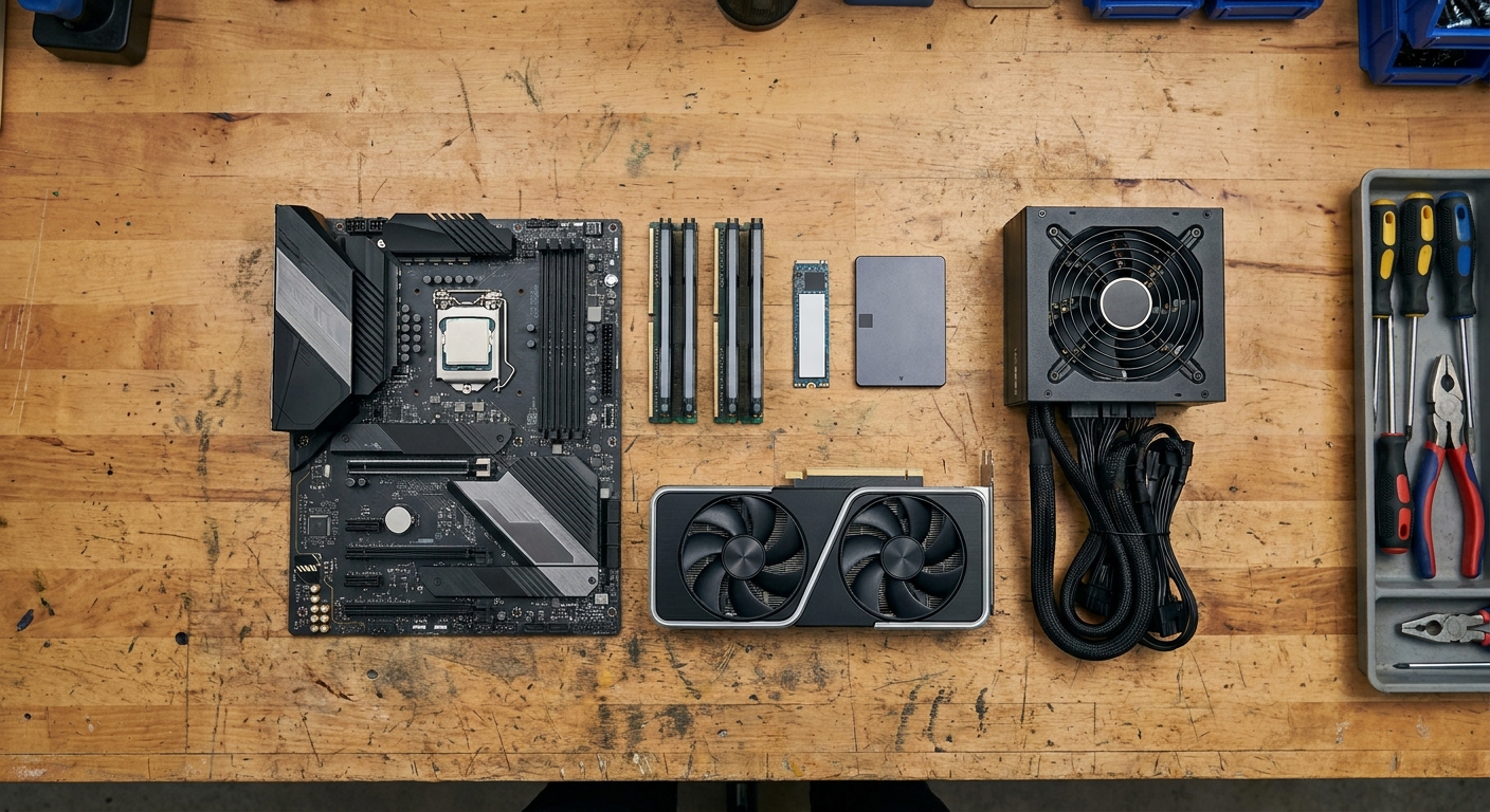 PC components laid out neatly on a workbench ready for assembly