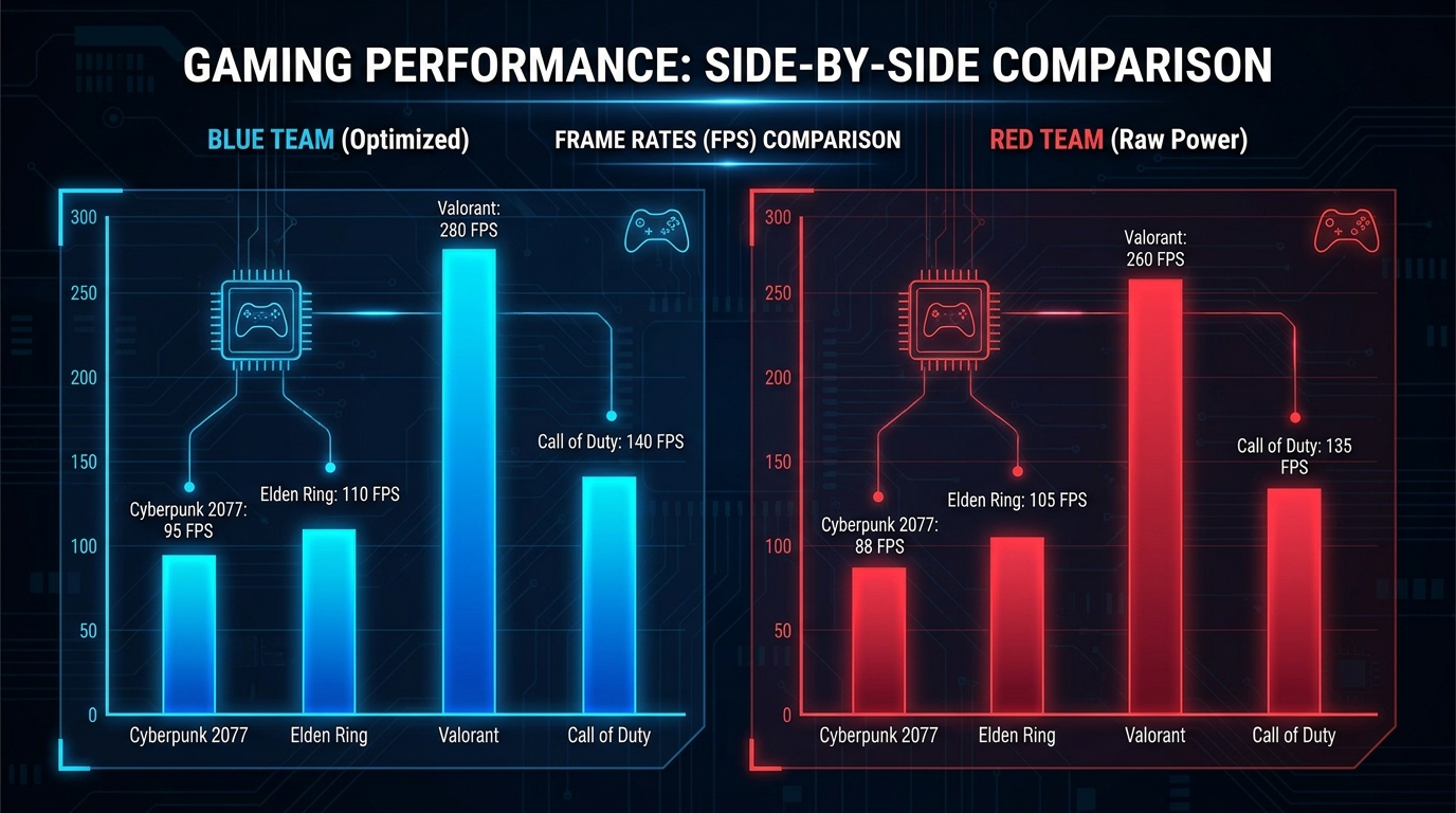 CPU benchmark performance bar chart comparing gaming FPS for Intel Core Ultra 200 and AMD Ryzen 9000