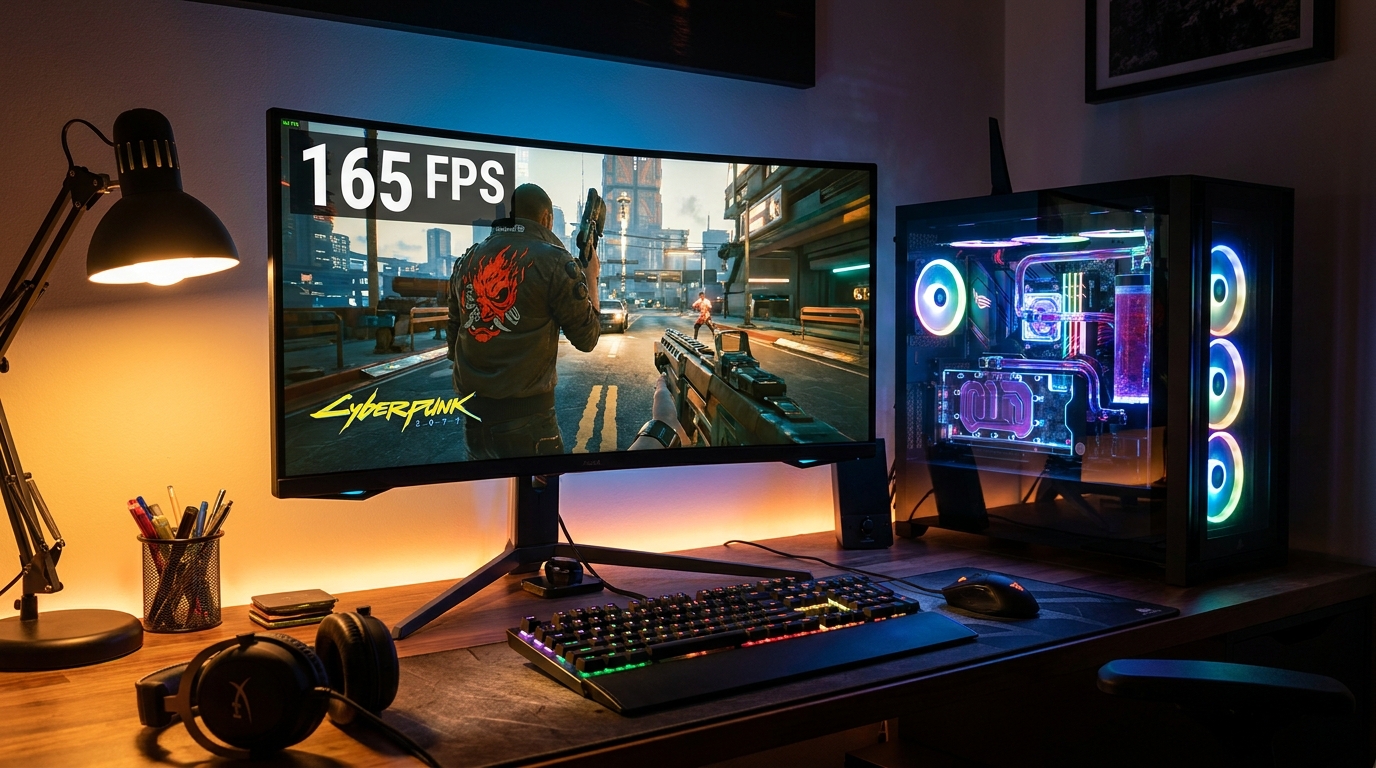 Gaming PC setup with high frame rate visible