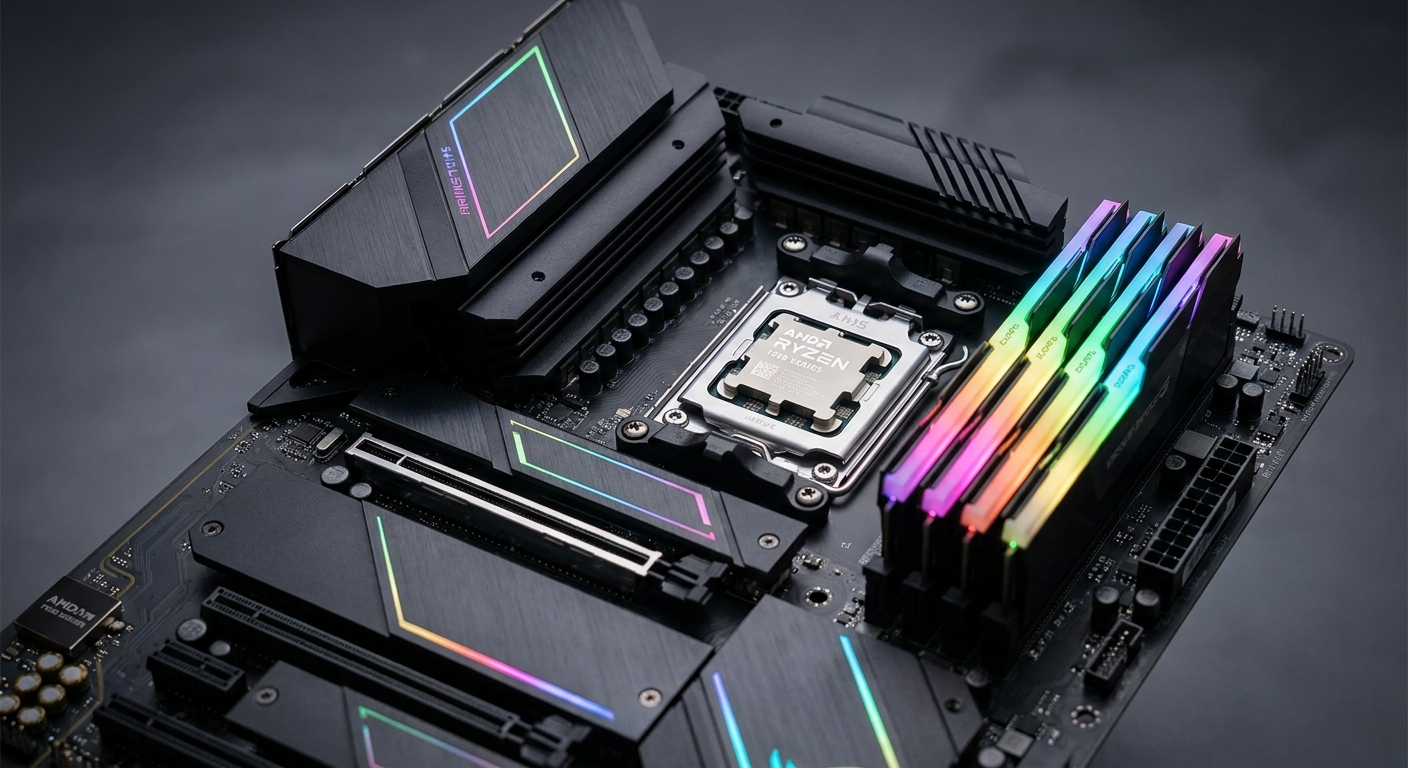 PC motherboard showing CPU socket AM5 with installed processor and DDR5 memory