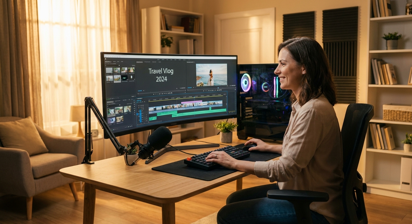 Content creator working at a desktop PC with dual monitors showing video editing timeline
