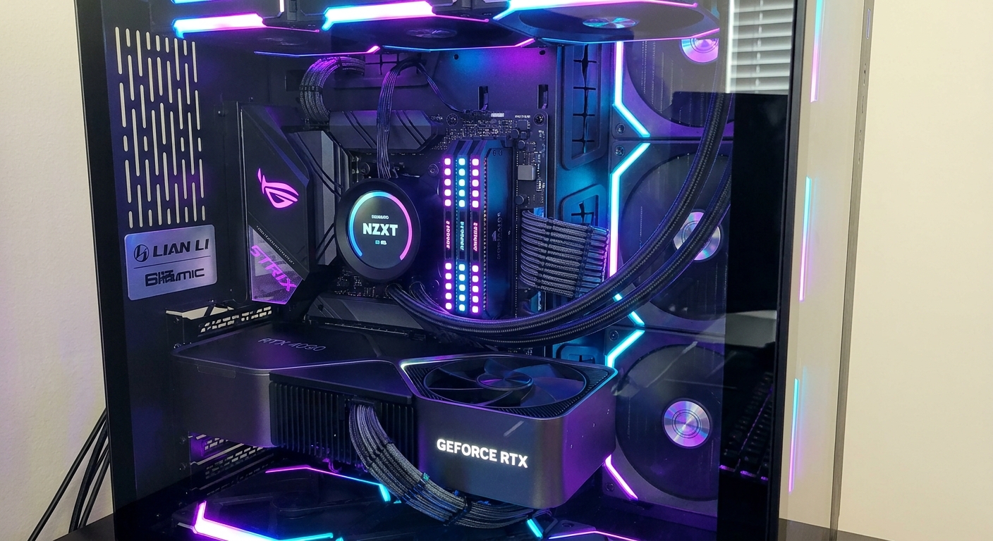 Inside a prebuilt gaming desktop showing GPU, RAM and cooling components