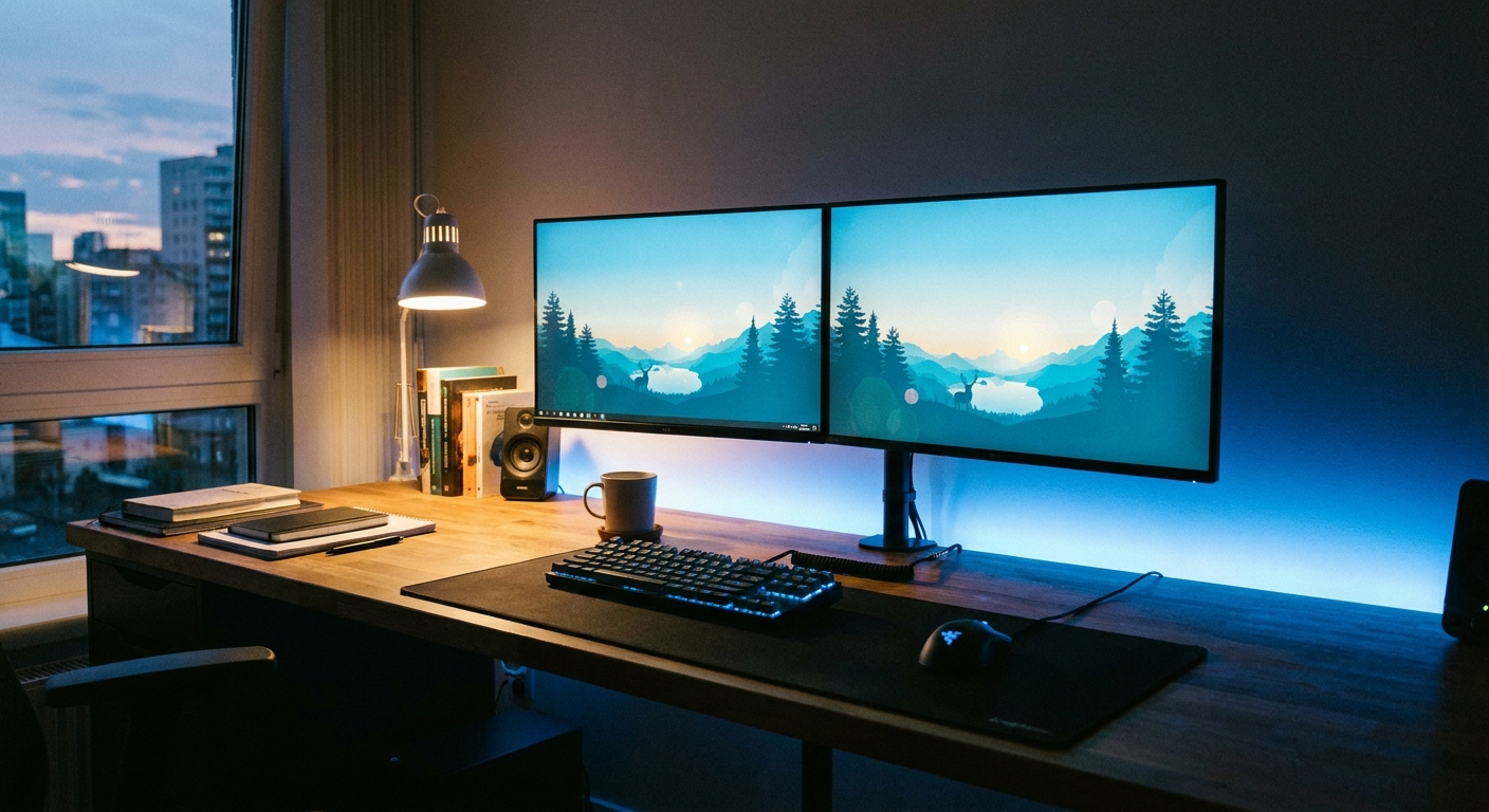 A dual-monitor gaming and study desk setup
