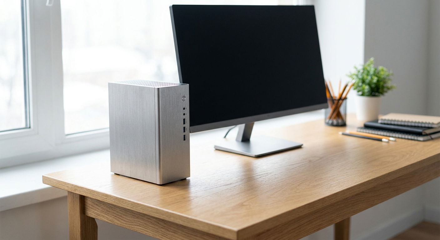 A small form factor mini PC build laid out with RAM and an SSD on a desk