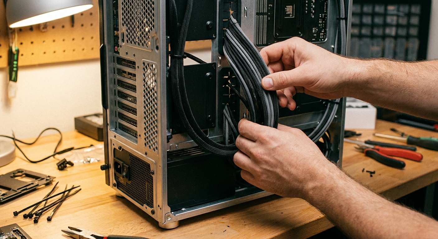 Hands routing braided power supply cables through the rear chamber of a PC case